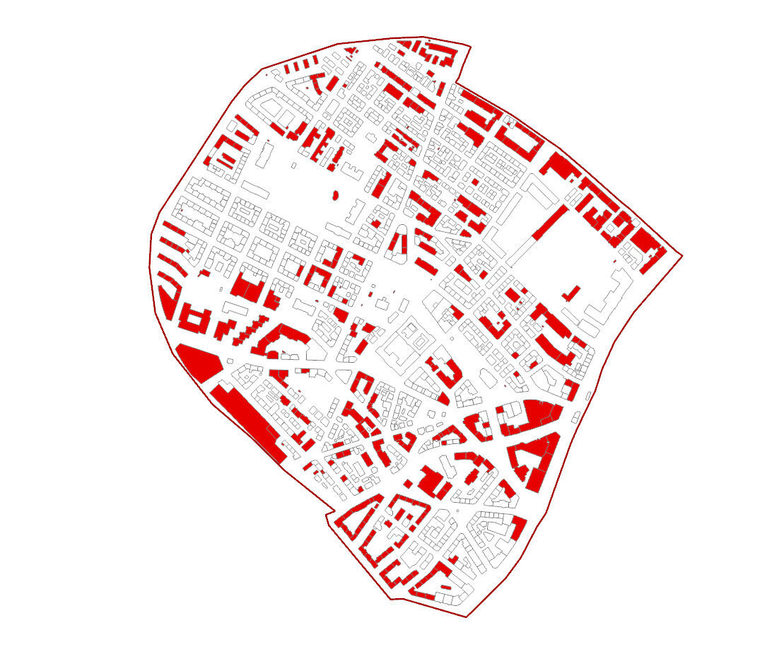 Figure: Building Age, 26.7% of the 2015 stock constructed after 1936. GIS data Aussersihl 2015, Building Age, https://data.stadt-zuerich.ch/ (last downloaded 2021-09-14).