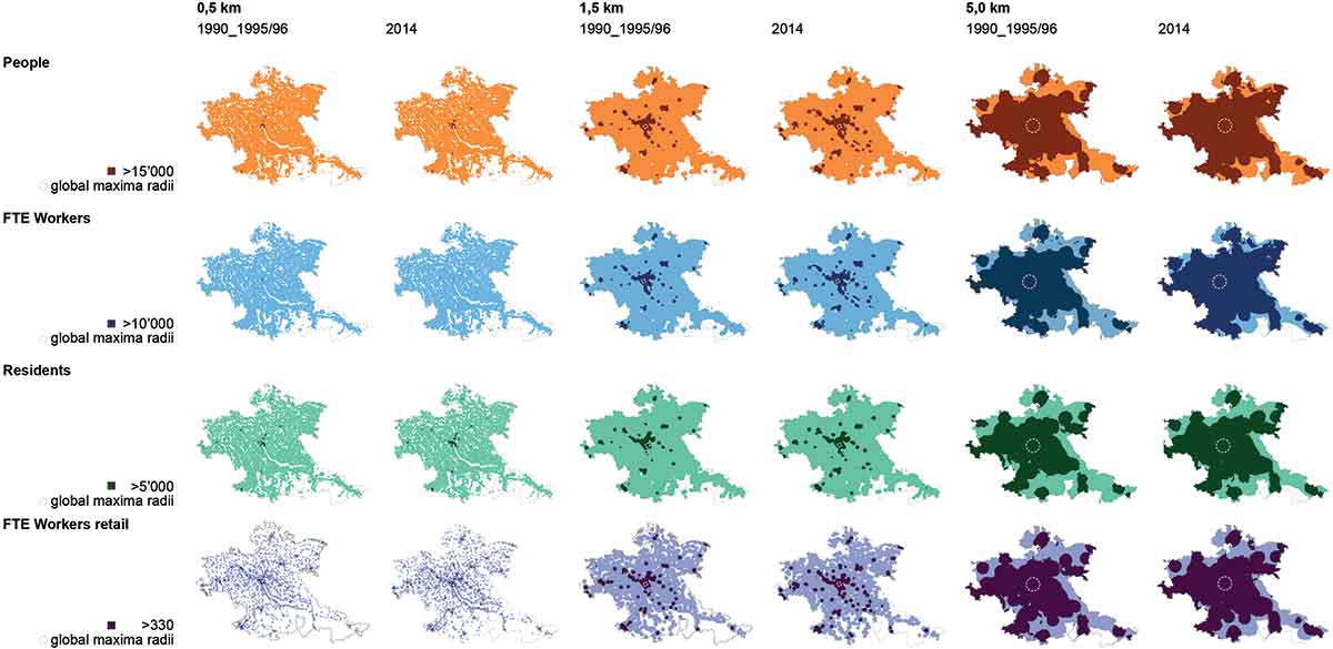 Vergrösserte Ansicht: Figure 2. Greater Zurich’s distribution of land use in 1990 and 2014. Localisation of hectares reaching the thresholds (shaded) and localisation of global maxima (dotted circles) for 0.5, 1.5, and 5.0 km radii catchment areas.